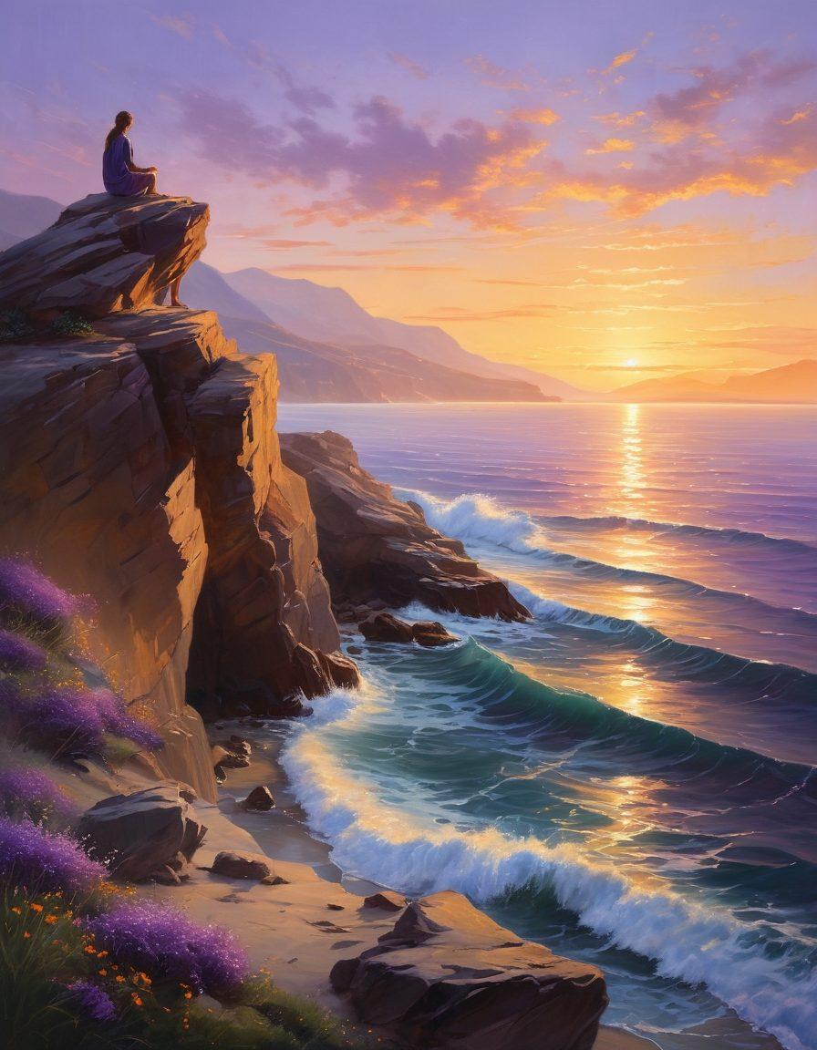 A serene landscape depicting a solitary figure sitting on a rocky cliff, gazing over a tranquil ocean at sunset, with soft waves reflecting shades of purple and gold. Surround the figure with symbolic elements like falling leaves and distant mountains, representing introspection and solitude. A gentle breeze is tangibly felt in the image, evoking a sense of calm and reflection. emotional depth. ethereal lighting. painting.