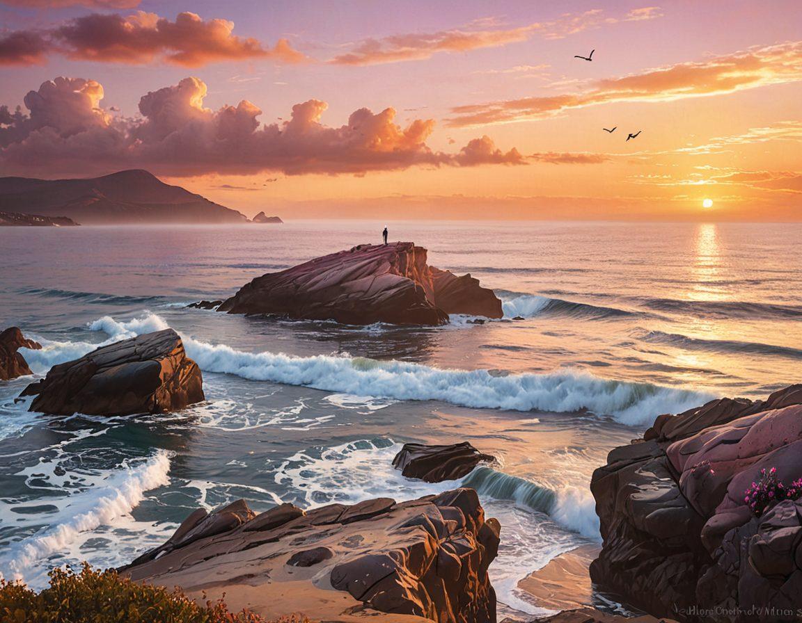 A serene landscape depicting a solitary figure sitting on a cliff overlooking a vast, tranquil ocean at sunset. Soft, flowing clouds and warm hues fill the sky, symbolizing introspection and peace. The scene should evoke a sense of solitude and contemplation, with gentle waves below and birds soaring above. Mist rises from the water, adding a dreamlike quality. digital painting. warm colors. tranquil atmosphere.