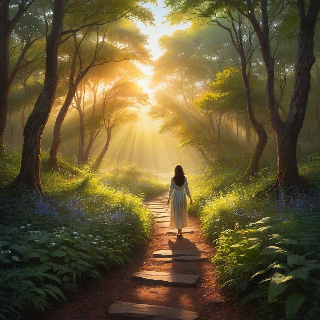A serene scene depicting a heart-shaped pathway leading through a tranquil forest, where shadows of doubt transform into rays of hope, symbolizing the journey from heartache to healing. A glowing figure stands at the center, reflecting with joy. Soft pastel colors and ethereal light contrast with darker shades, representing despair. Capture the essence of transformation and reflection. vibrant colors. dreamy style.